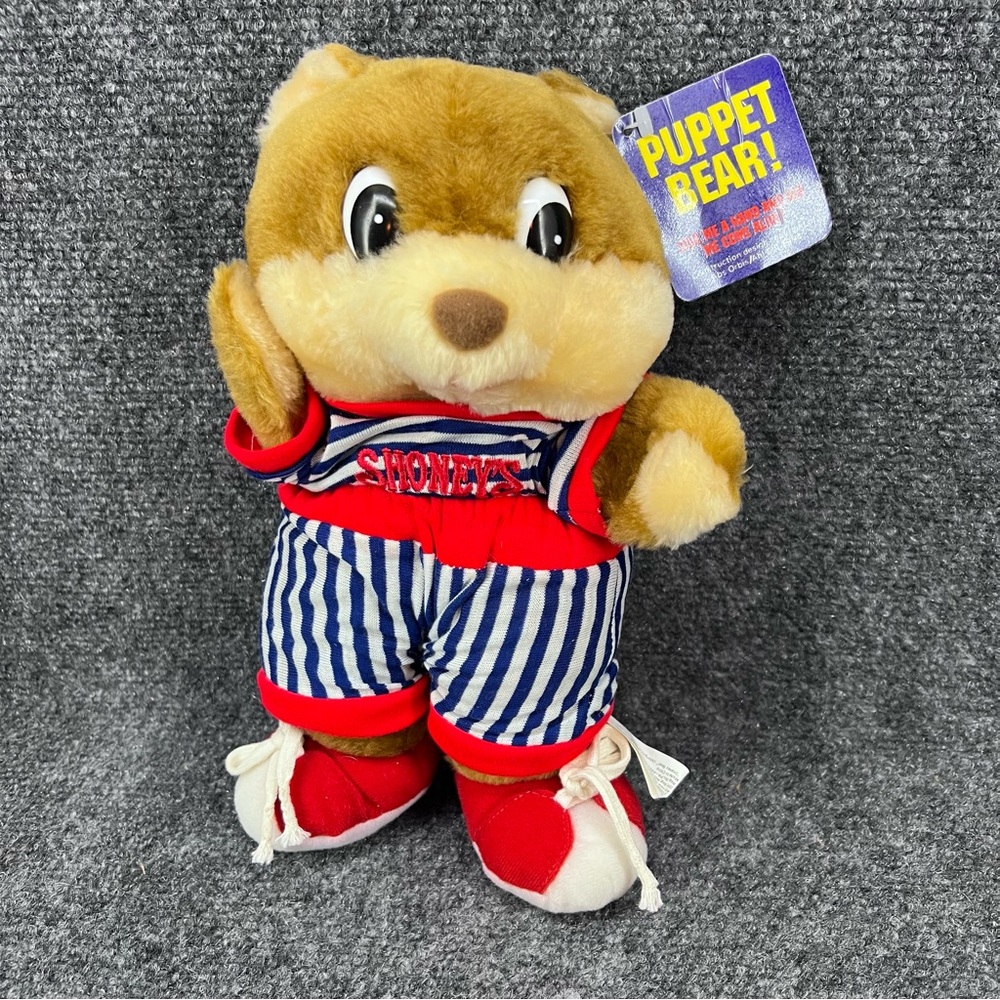 Vintage 1994 Shoney’s Plush 11” Puppet Bear Restaurant Promo Ad Striped Clothes